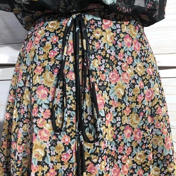 Vintage 80s Floral Full Swing Dress Black Boho Medium - Picture 9 of 10
